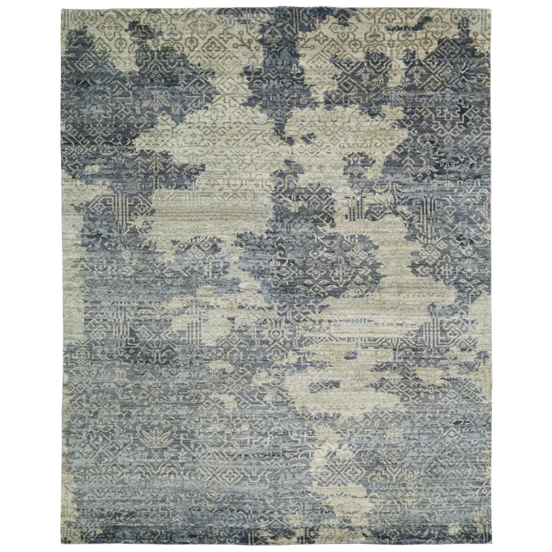 Tapis gris en laine noué à la main, Tapis de couloir beige