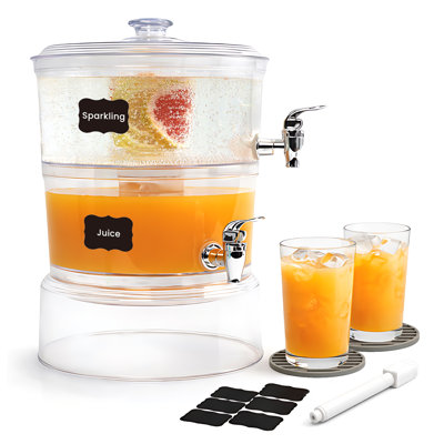 Distributeur de boissons à 2 niveaux de la bibliothèque, distributeur de boissons empilable de 2 gallons avec support à glaçons et infuseurs, distributeur de boissons double en plastique transparent sans BPA pour les fêtes, les événements et la maison