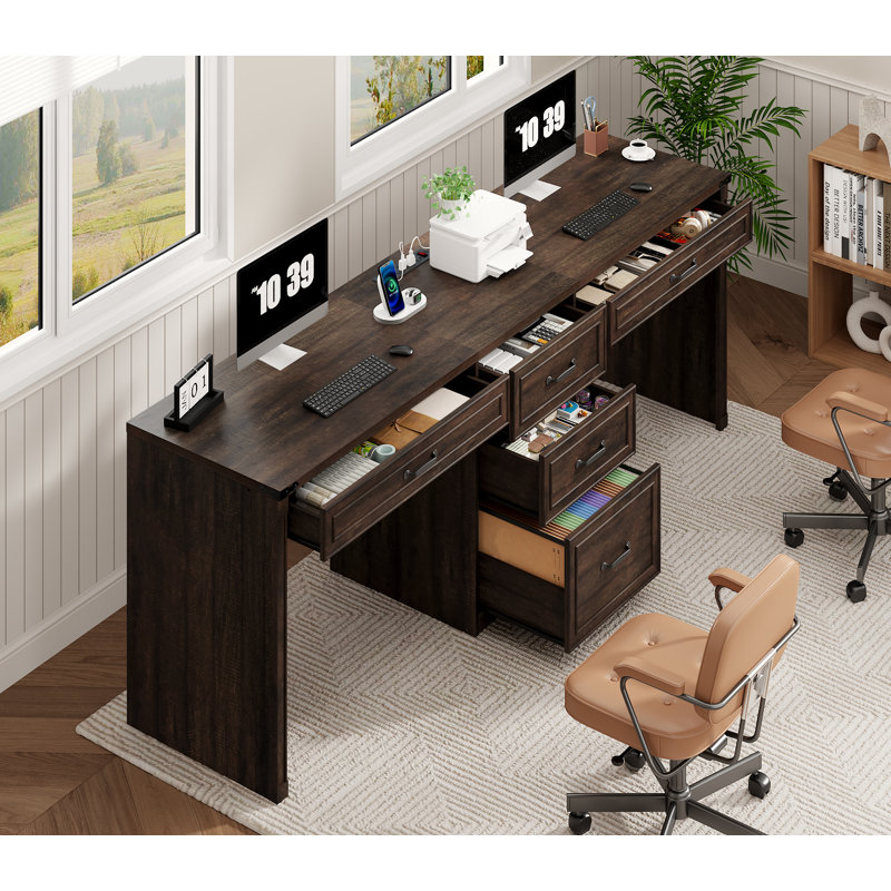 80.9" Executive Computer Desk With Power Outlet And 5 Drawers, Large Home Office Writing Desk With File Drawer And Metal Handles, Rustic Brown