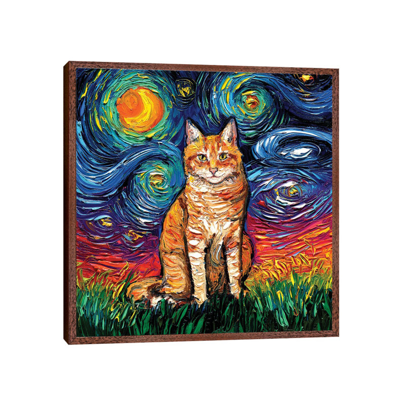 Orange Tabby Night II by Aja Trier - Print on Canvas, 45.72 cm H x 45.72 cm W, Classic Brown Wood Framed