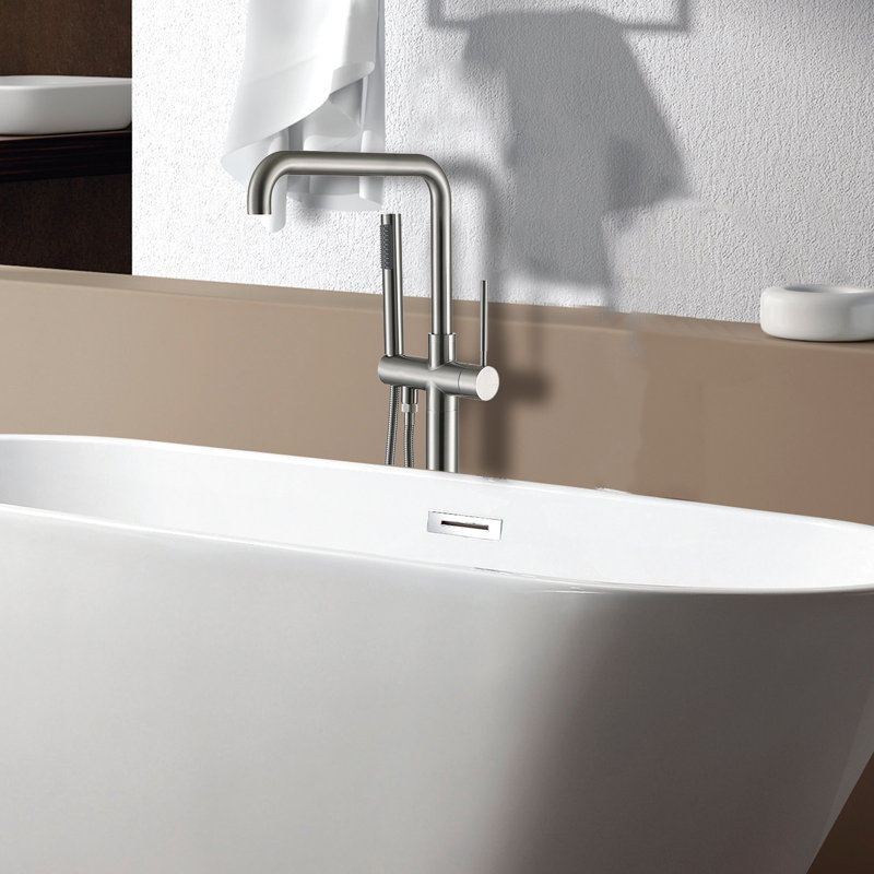 Robinet de baignoire autoportant avec douche à main, 3 poignées, rosé, métal, 6,33 po, 41,8 H, 11,33 lb - Largeur, profondeur, hauteur,
