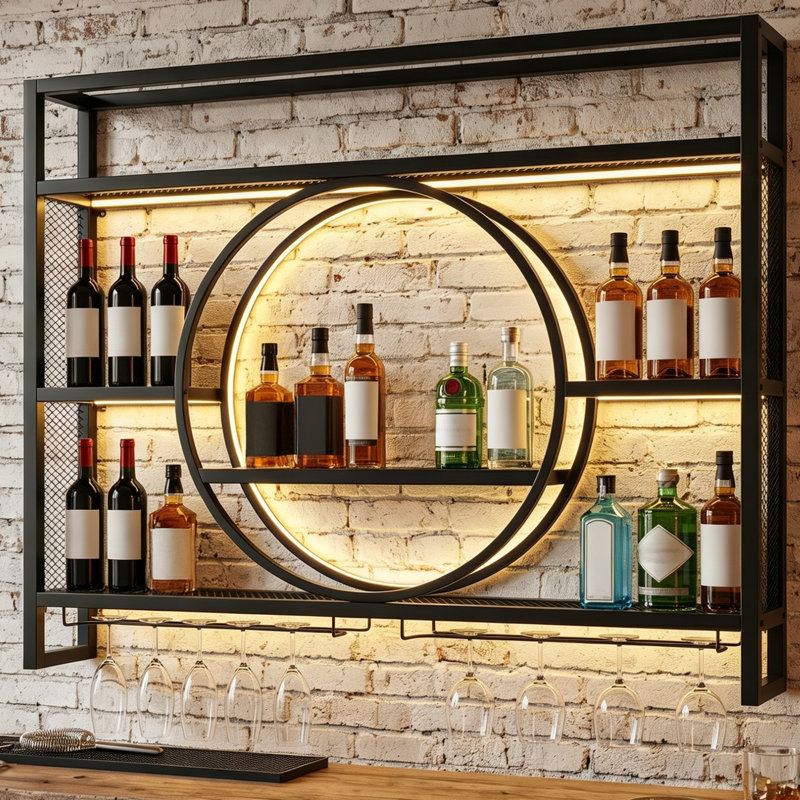 Grand support à vin robuste de 39 po avec porte-verre à DEL fixé au mur sous la tablette, organisateur de rangement à 3 niveaux pour suspendre des verres à pied en métal pour bar à domicile