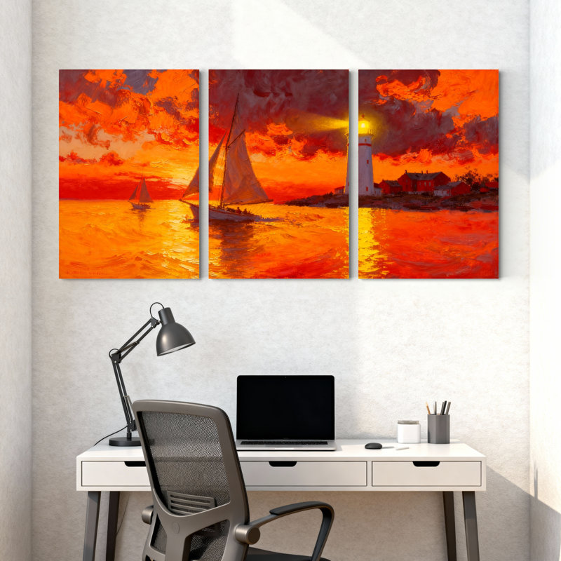 Nautique voilier coucher de soleil phare océan ciel reflets couleurs ensemble de 3 impressions sur toile, H 24 po x l 48 po