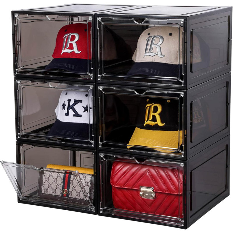Boîte de rangement pour 6 casiers, boîte de rangement pour casquettes de baseball empilables avec porte magnétique pour chapeaux