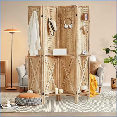 4-Panel Wooden Room Divider with Shelves & Holes - 67 Inch Tall Privacy Screen, Freestanding Folding Partition for Home Office, Bedroom,Apartments by Gracie Oaks