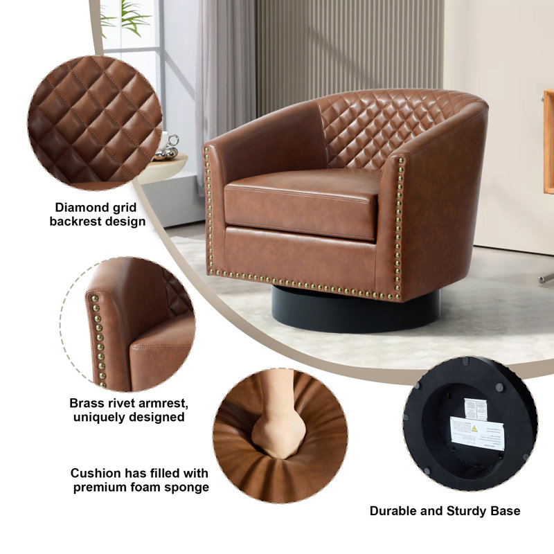 Petit fauteuil pivotant tonneau capitonné brun avec garniture cloutée Bennett, Similicuir brun