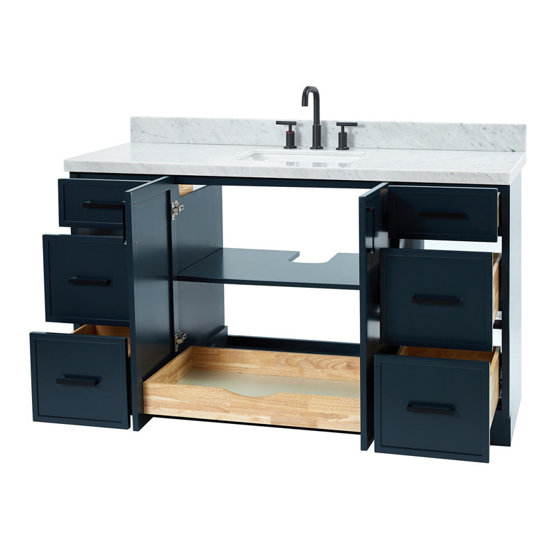 ARIEL Kelly 61 Single Sink Bathroom Vanity with Italian Carrara Marble Top, Midnight Blue