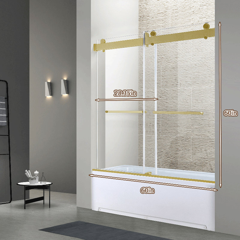 Porte de douche coulissante double l 60 po x H 60 po | Verre trempé | Entièrement sans cadre | Installé sur la baignoire