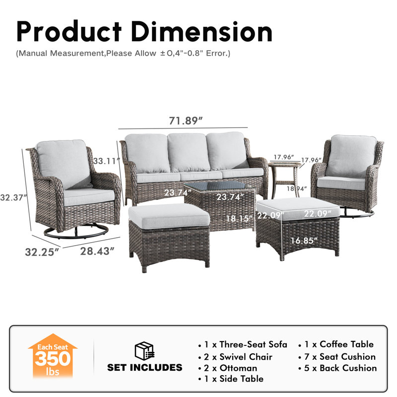 Ensemble de conversation en osier / rotin pour 5 personnes avec coussins, Gris clair, Gris