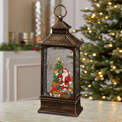 12.5"H Acrylic Holiday Lantern - LED, Water Spinning Glitter, Battery - Hand-Painted Resin