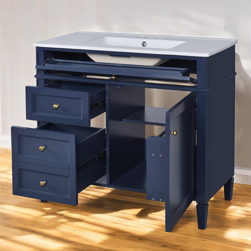 Meuble-lavabo simple 36 po avec comptoir en céramique, assemblage requis, Bleu
