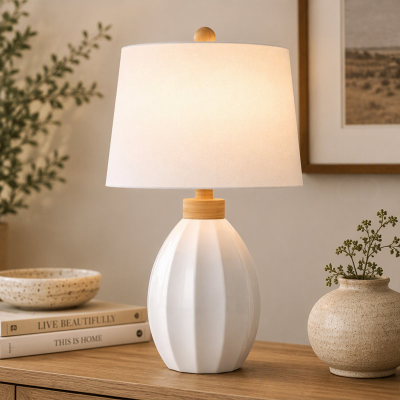 Lampe de table en céramique blanche de 58 cm (23 po), lampe de chevet moderne avec abat-jour en lin blanc, lampe simple pour chambre, salon et bureau (ampoules non comprises)
