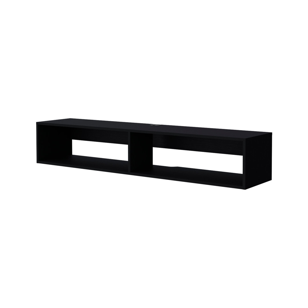 Central Floating Media Shelf in Melamine with Two Shelves, Black