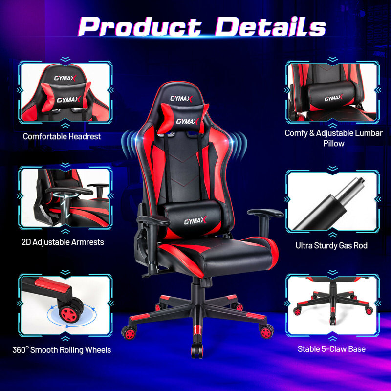 Fauteuil de jeu et de course inclinable ergonomique en similicuir Gymax, Rouge
