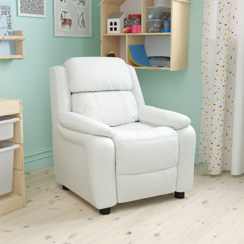 Deluxe Padded Contemporary Kids Recliner with Storage Arms, Vinyl - White