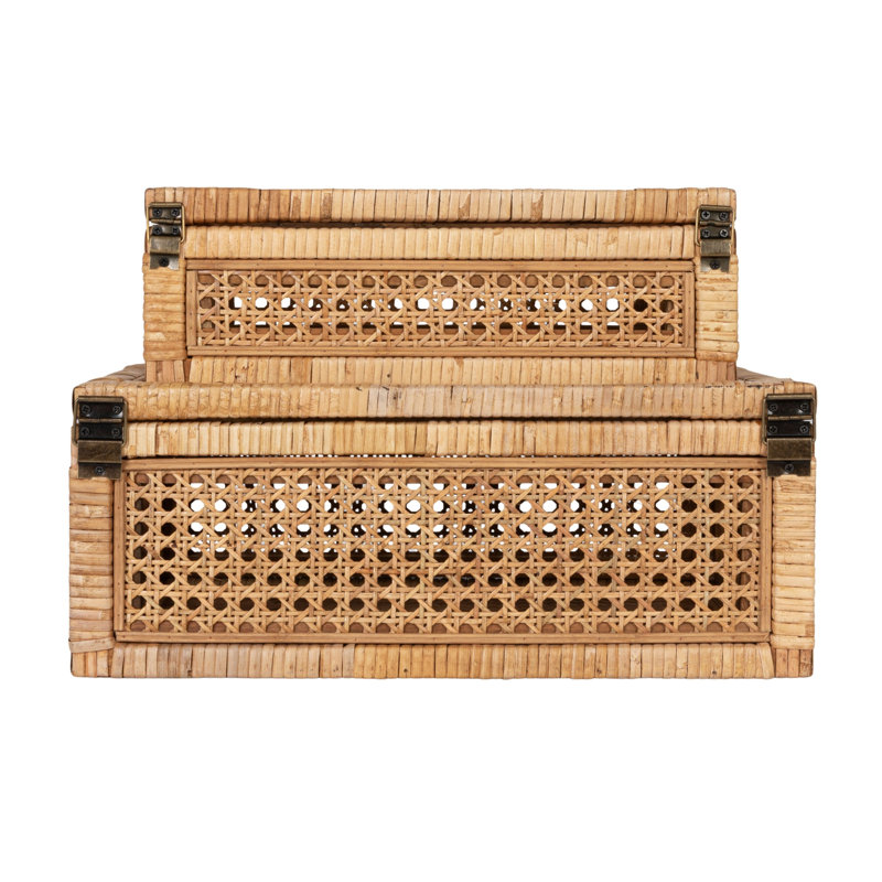 Boîtes de présentation tissées en rotin et en bois avec couvercles en verre, H 4,25 po x l 12,5 po x P 6,75 po, Naturel
