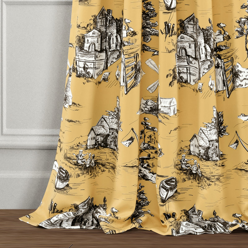 French Country Toile Room Darkening Curtain Pair, 52" W x 95" L, Yellow/Gray