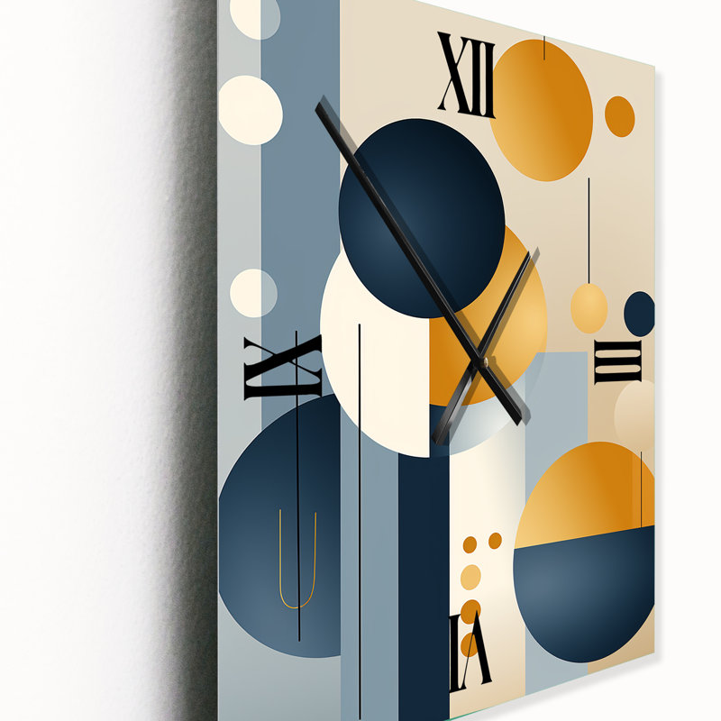 Horloge murale graphique abstraite géométrique jaune et bleu IV - Mid-Century, H 32 po x l 24 po x P 1 po