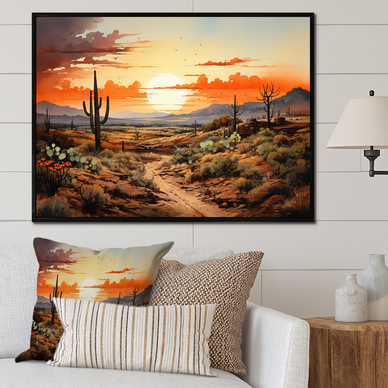 Silhouette orange, Cactus, lever de soleil - Cactus, art mural, Cadre flottant noir, H 34 po x l 44 po x P 1,5 po