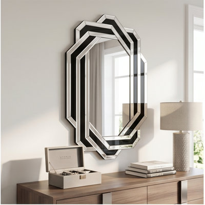 Crystal Crush Diamond Wall Mirror, Modern Silver Vanity Mirror with Faceted Glass Frame, for Bathroom, Living Room, Bedroom, Entryway