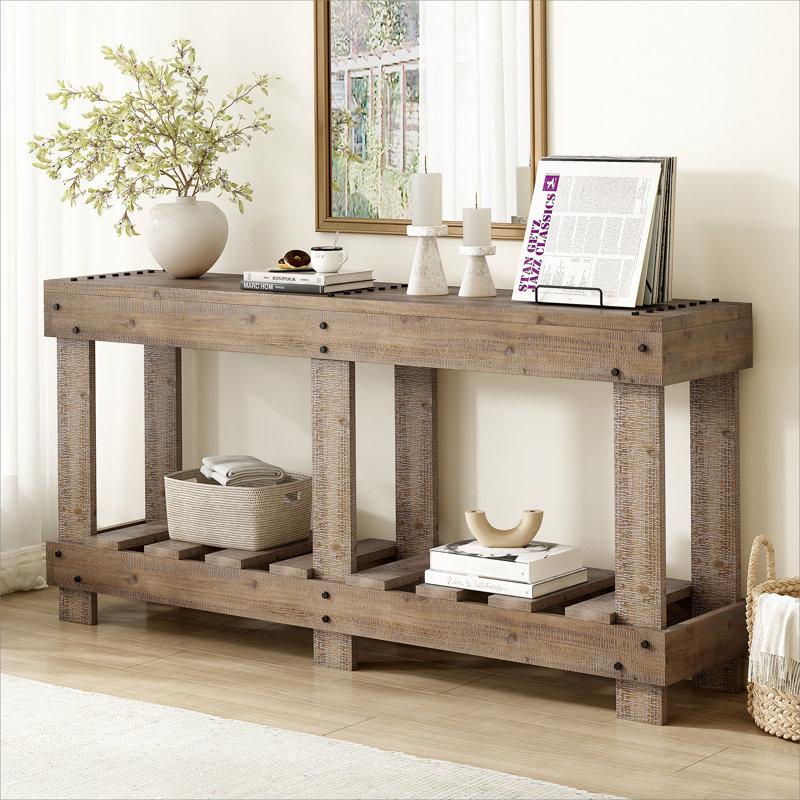 62.9" Vintage Entryway Table - Solid Cedar Wood With Natural Grain, 6 Reinforced Legs & 4.5" Thick Desktop, Metal Rivet Decor & Plank Under-Shelf