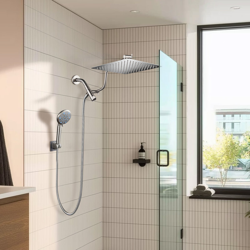 12-Inch Raincan Shower Heads with 9-Setting Handheld Spray and Adjustable Curved Extension Arm Combo Brushed Nickel