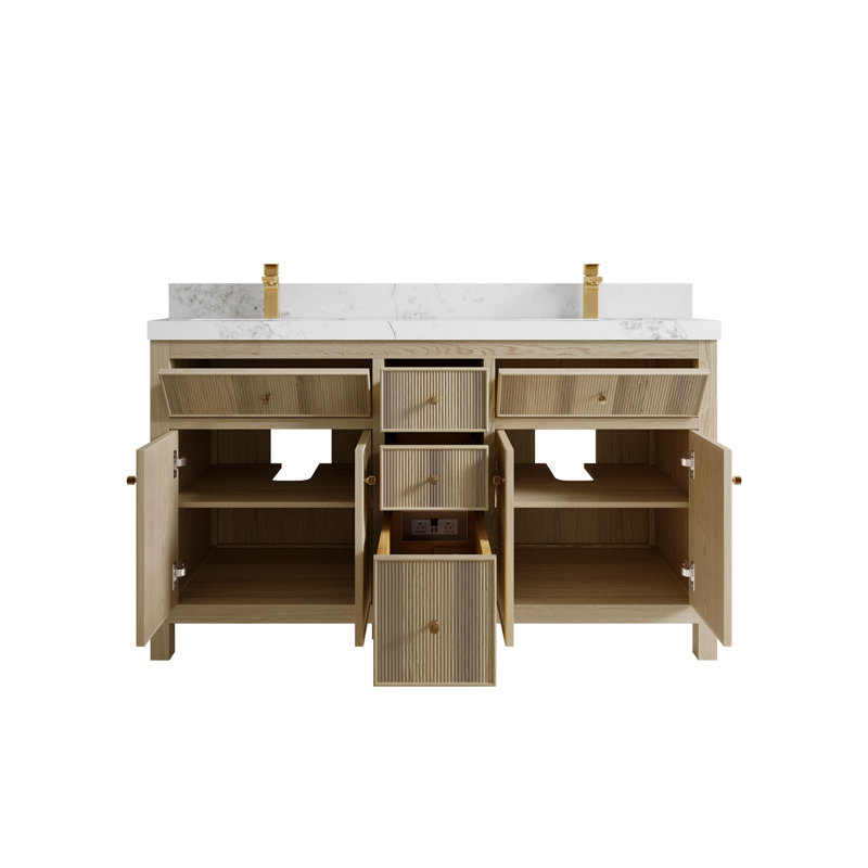 Meuble-lavabo double 60 po avec comptoir en quartz 60 po, Calacatta Nuvo