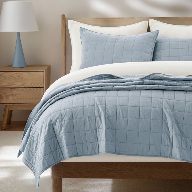 100% Cotton Box Stitch Quilt Set, Queen Quilt + 2 Queen Shams, Blue Linen