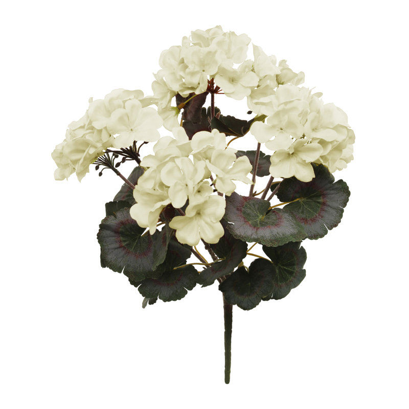 Buisson de géranium blanc de luxe UV 18 po - 5 têtes de fleurs - Buisson artificiel d'extérieur réaliste