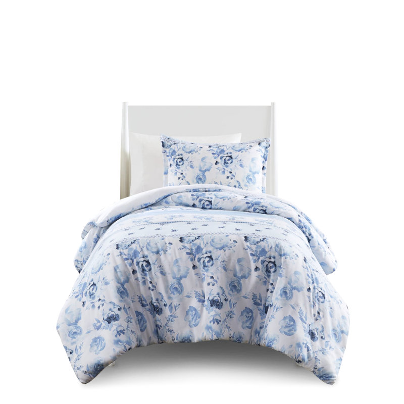 Housse de couette à motif floral et rayé bleu / double, 100%, microfibre captivante à fermeture à boutons, Bleu