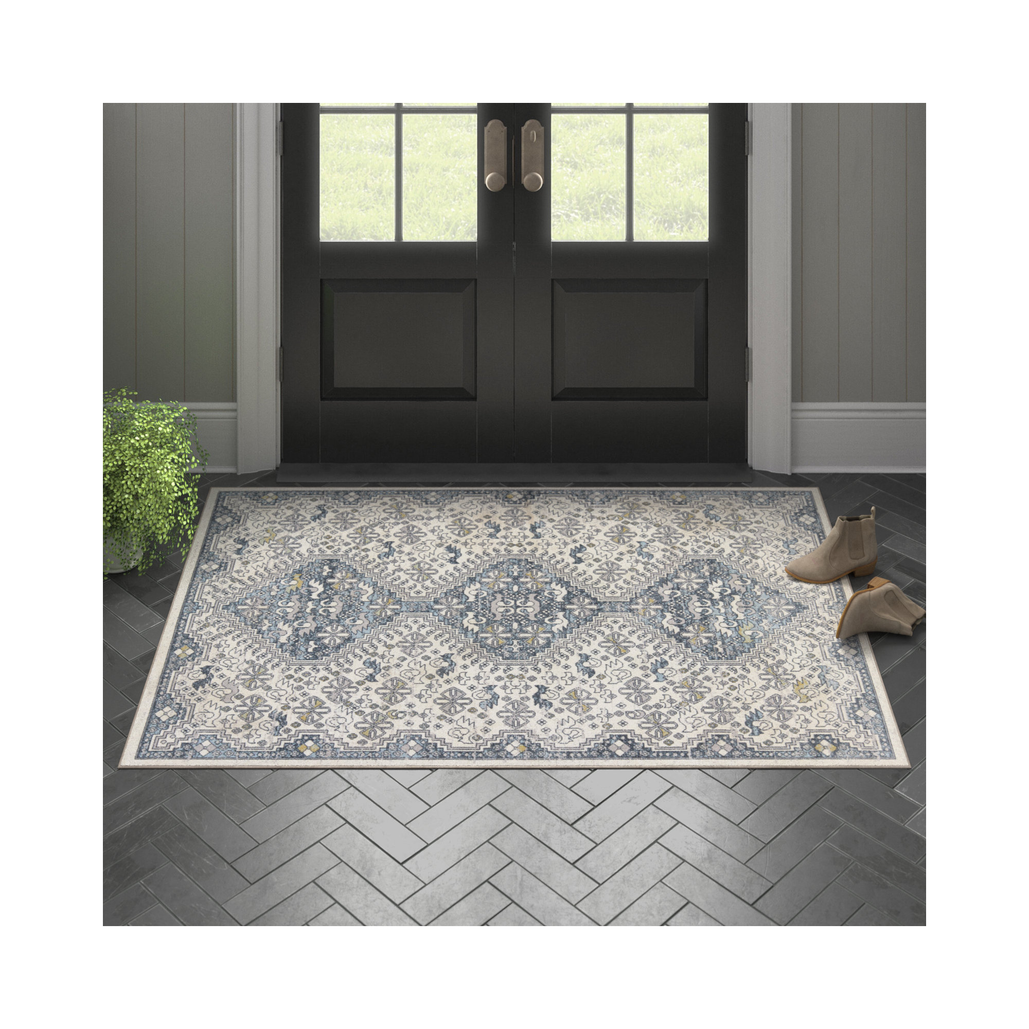 Phoebe Cream/Blue Rug, Rectangle 4' x 6'