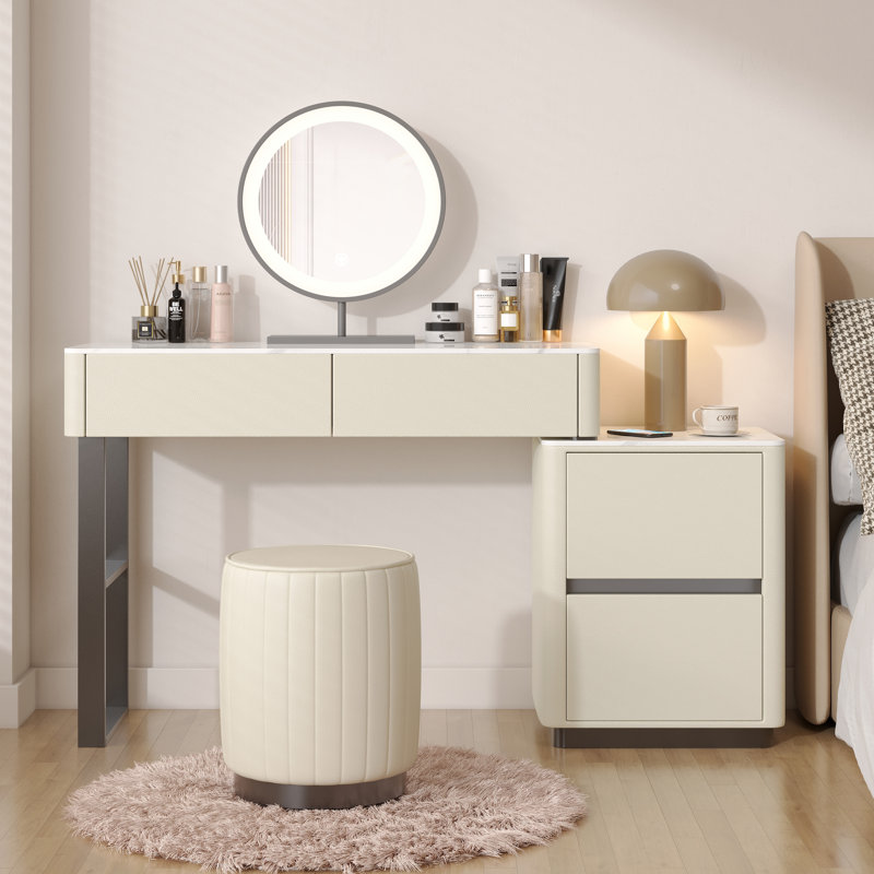 Edorta 55.1" W Marble and Solid Wood Makeup Vanity Set, Cream