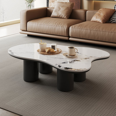 48.4" Modern Irregular Cloud-Shaped Coffee Table - Faux Marble Tabletop & MDF  Cylinder Legs  Stylish Luxury Living Room Center Table Home Decor Furniture