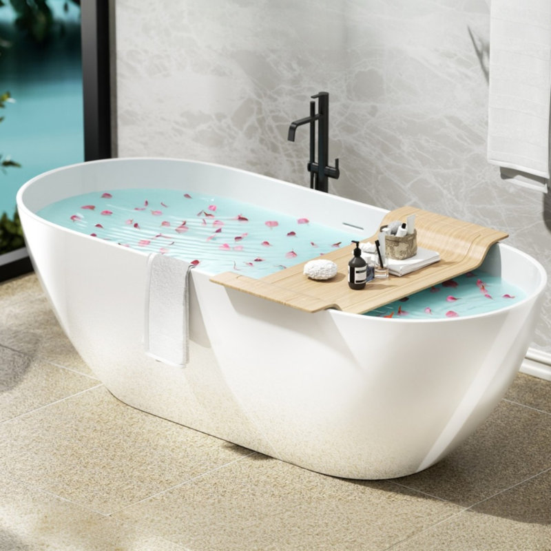 Baignoire de trempage autoportante en résine 63 po x 29,5 po, Blanc lustré