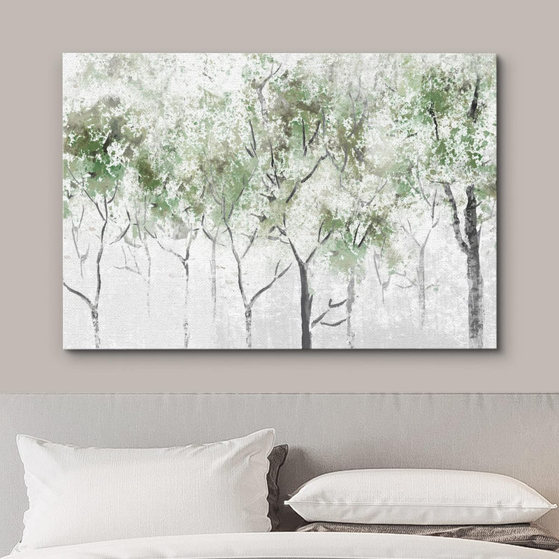 Abstract Forest " Rustic Pastel Green Spring Forest Tree ", 32" H x 48" W x 1.5" D, Wrapped Canvas