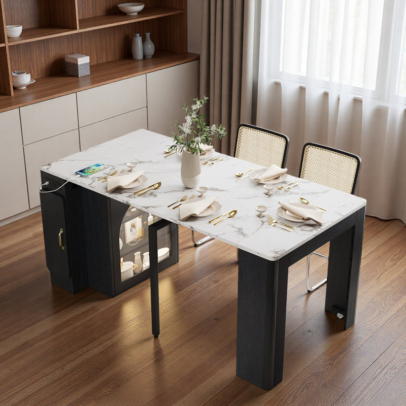 Îlot de cuisine avec plateau de table extensible, prise de courant, espace de rangement latéral et bande lumineuse à DEL intégrée