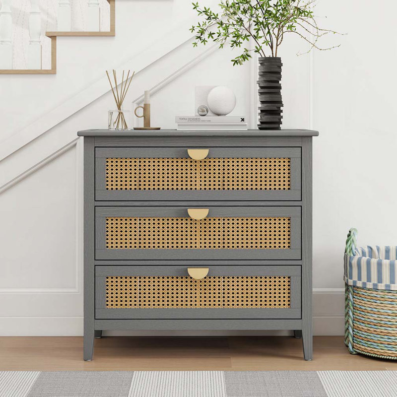 Commode 3 tiroirs Rattan, Gris
