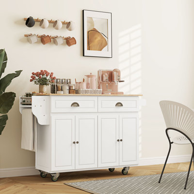Rolling Kitchen Island On Wheels Utility Cart With Drop-Leaf And Rubber Wood Countertop, Storage Drawers, Door Cabinets