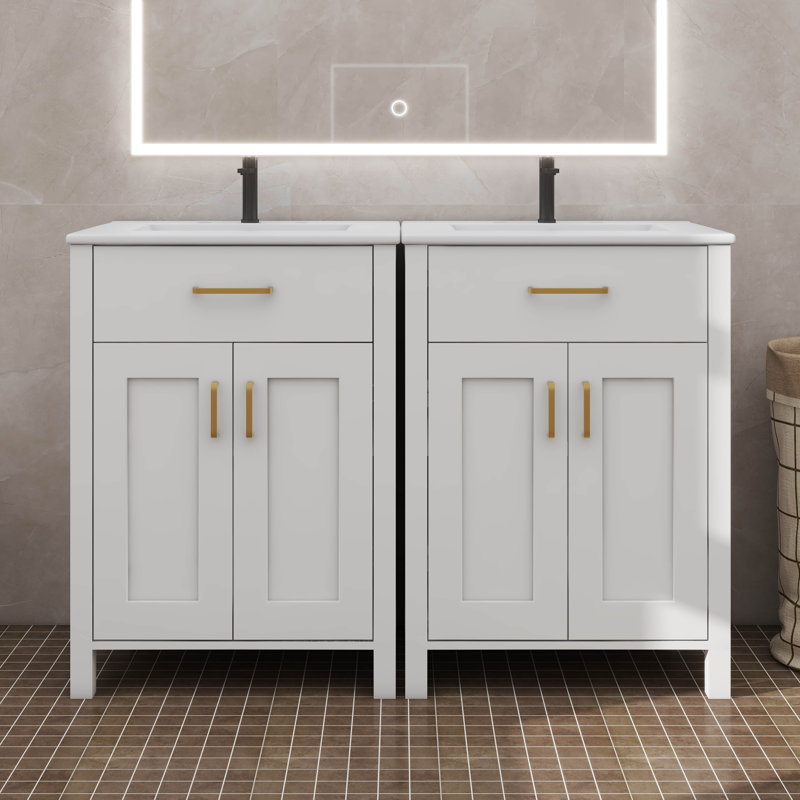 Ensemble de meuble-lavabo moderne 48 po avec lavabo en céramique, meuble de rangement équipé d'un tiroir rabattable et de tablettes à deux niveaux
