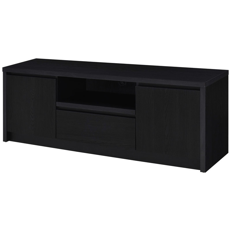 Élégante console média noire avec 2 portes, 2 tiroirs et une tablette ouverte pour les téléviseurs de 60 à 69 pouces, un meuble télé moderne idéal pour les petits espaces
