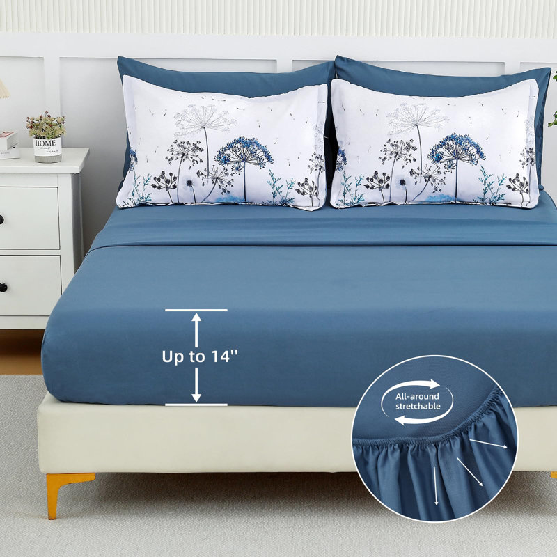 7-Piece Dandelion Floral Comforter Set All-Season Soft Microfiber Bedding Set, Blue, King Comforter + 6 Additional Pieces