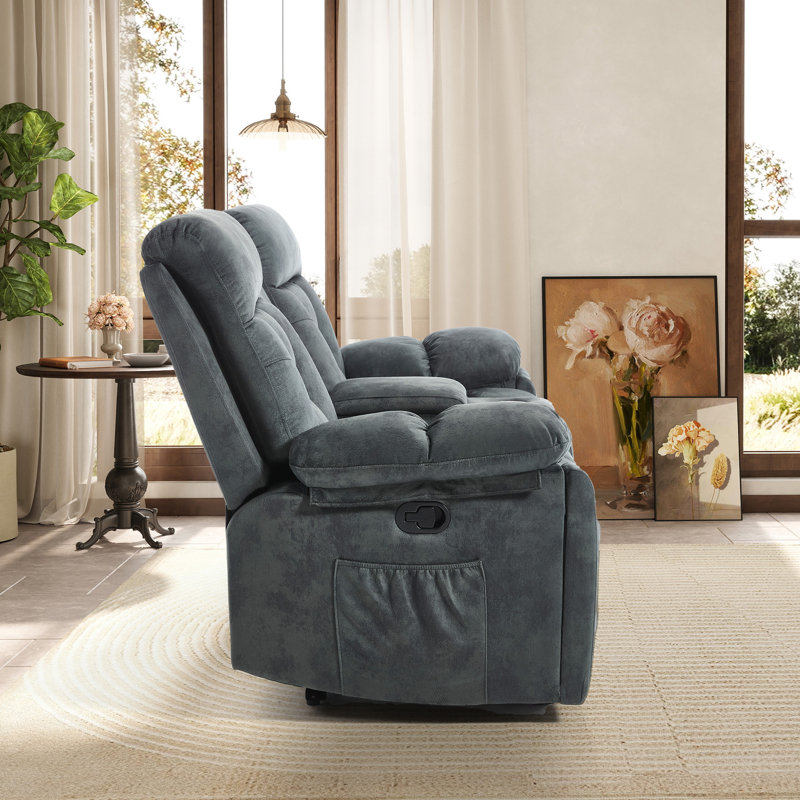 Kyrene 80.7" Wide Modern Manual Reclining Loveseat Sofa With Center Console, Cup Holders & Storage - Plush Fabric Theater Seating