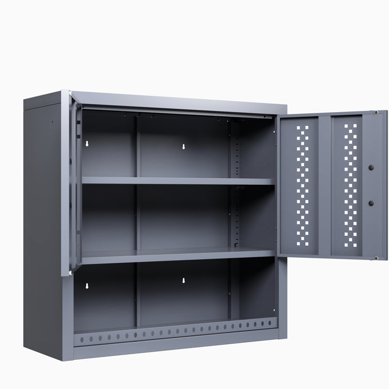 Armoire de rangement murale grise de 30,92 po de hauteur avec porte, armoire à outils flottante, tablettes amovibles, mouvement de charnière précis en acier pour cuisines, sous-sols, entrepôts, assemblage rapide,