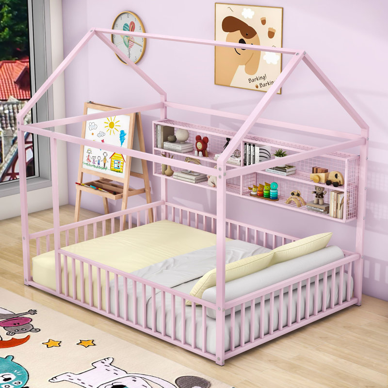 Lit plateforme en métal avec tablettes, Full, Pink