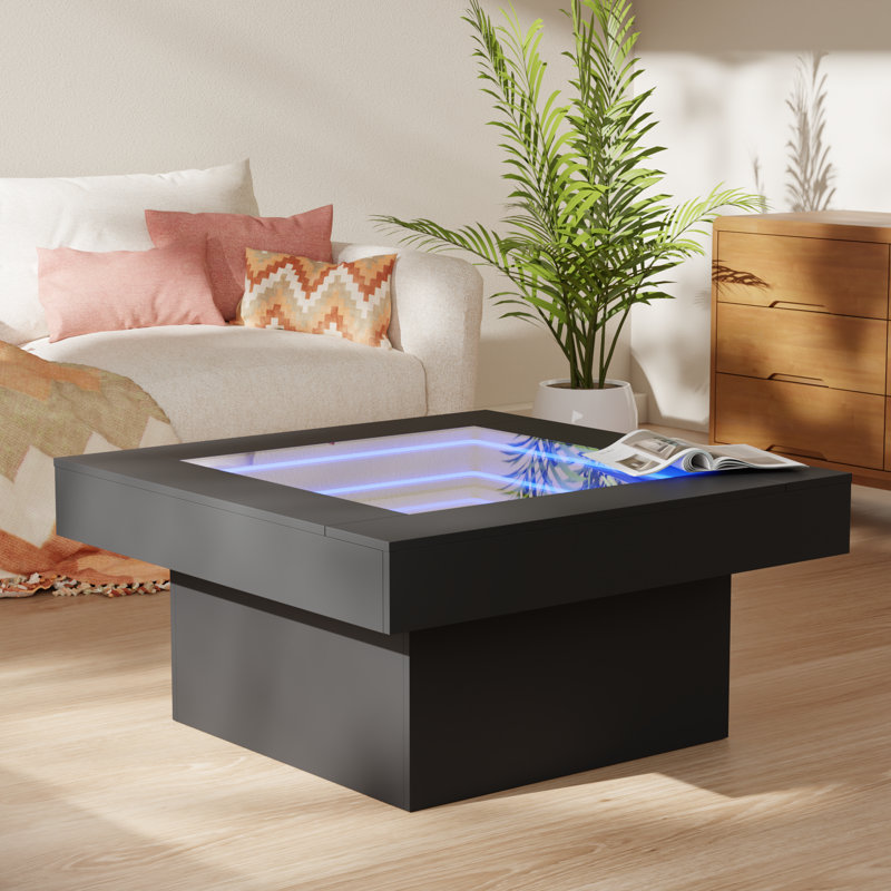 Infinity Mirror Light Coffee Table For Living Room, Rustic Wood Led Coffee Table, Modern Square Center Table With Music Sync Lights