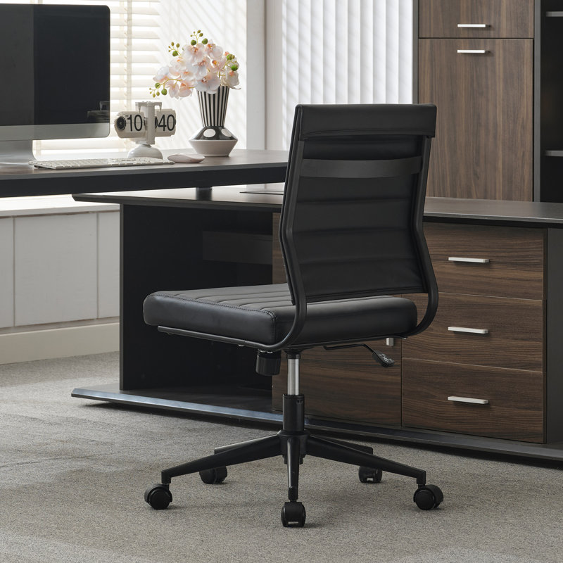 Amaiia Mid-Back Upholstered Armless Swivel Task Chair Ergonomic Adjustable Conference Chair, Matte Black / Matte Black