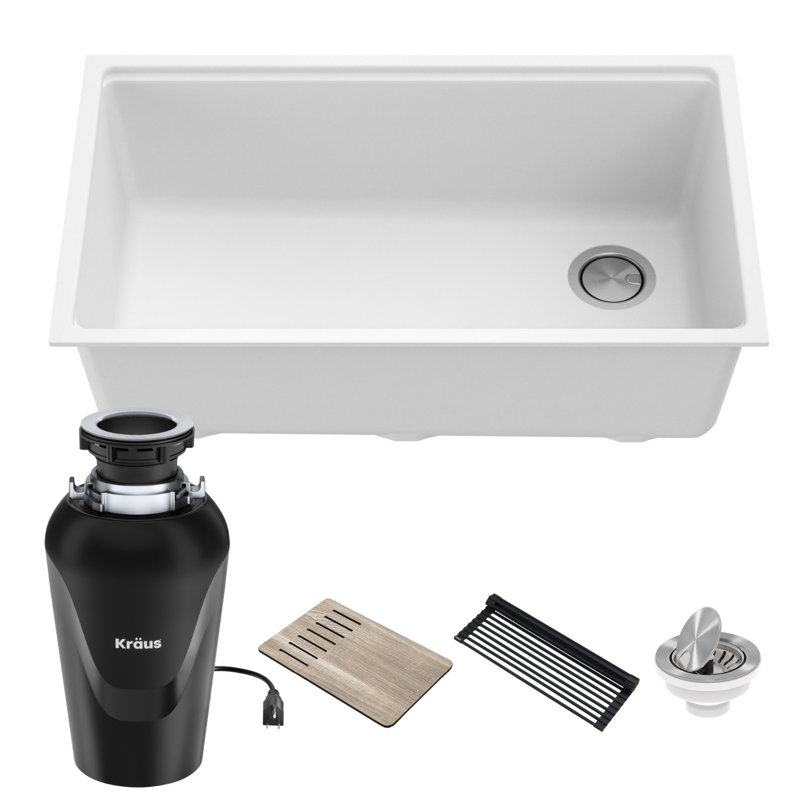 KRAUS 32-in. Bellucci Workstation Composite Kitchen Sink with WasteGuard™ Garbage Disposal, White
