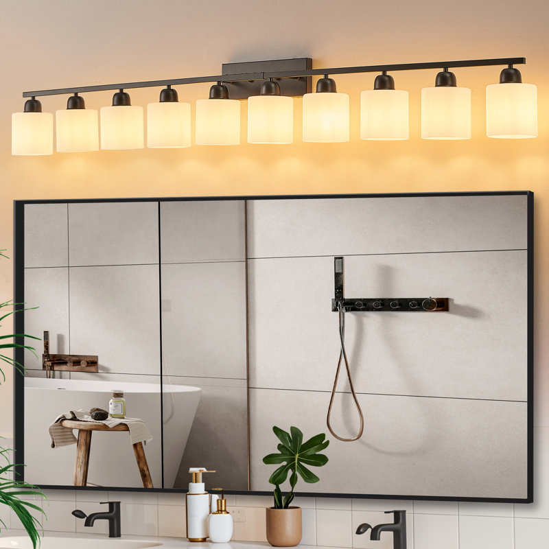  Luminaire de salle de bain à intensité variable 10 lumières avec abat-jour en verre de lait givré, Noir mat, 10 lumières