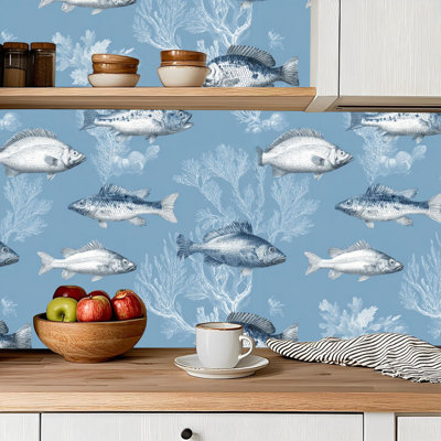 Peel and Stick Wallpaper Contact Paper Light Blue Coastal Blue Under Sea Fish Coral Seaweed Marine life Self Adhesive and Removable 24in x 118in(60x300cm)