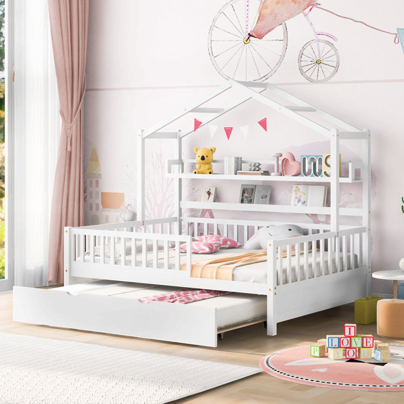 Lit double en bois avec lit gigogne simple, lit pour enfant avec tablette